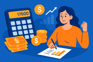 Image illustrating personal loan computation, showing a woman at a desk using a calculator.